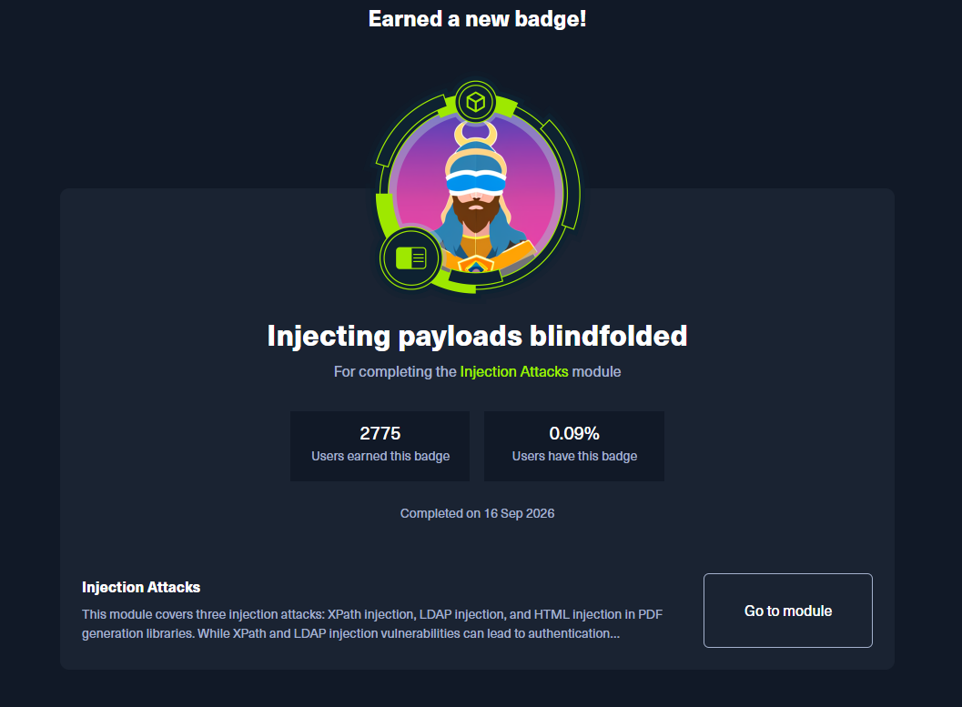 Injecting payloads blindfolded — Injection Attacks module badge